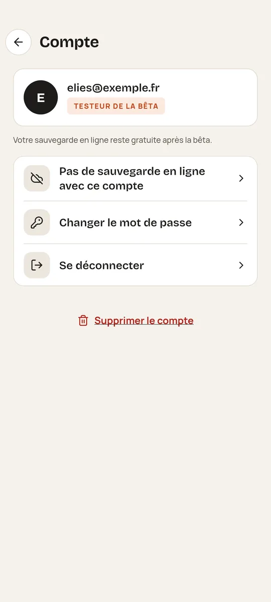 Écran Compte de Pistonbook : adresse e-mail, étiquette testeur de la bêta, sauvegarde en ligne, changer le mot de passe, se déconnecter