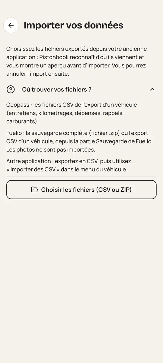 Écran « Importer vos données » de Pistonbook : où trouver les fichiers d'Odopass et de Fuelio, et bouton Choisir les fichiers