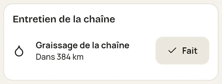 Carte Entretien de la chaîne d'une Yamaha MT-07 : graissage de la chaîne dans 384 km, bouton Fait