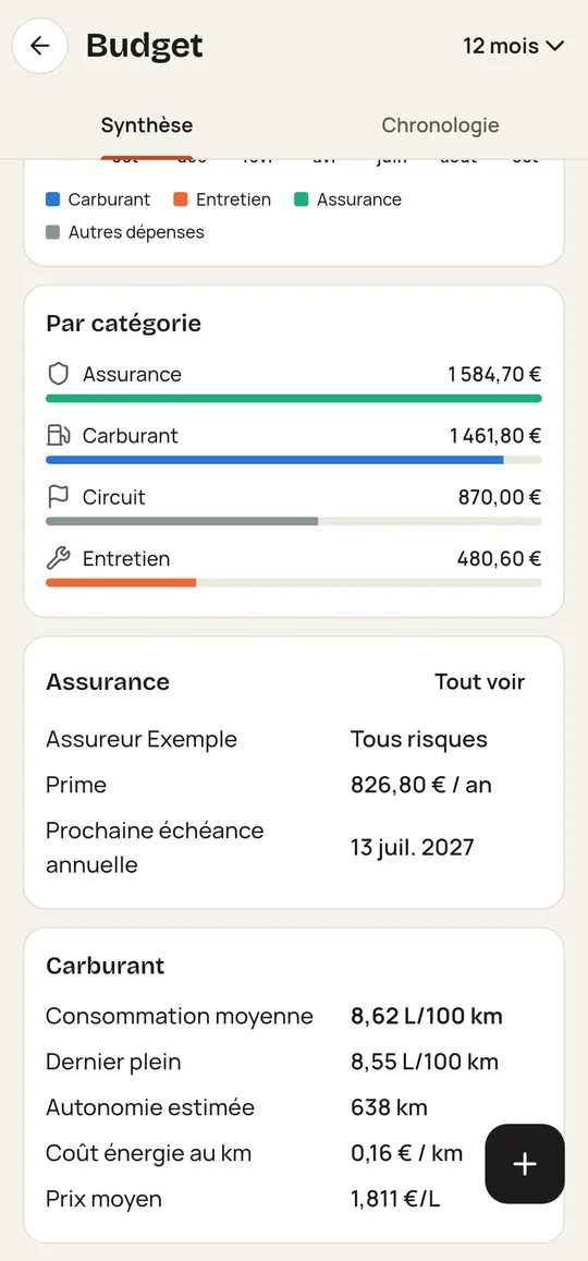 Budget d'une Clio RS par catégorie : assurance 1 584,70 €, carburant 1 461,80 €, circuit 870 €, entretien 480,60 €, consommation de 8,62 L/100 km