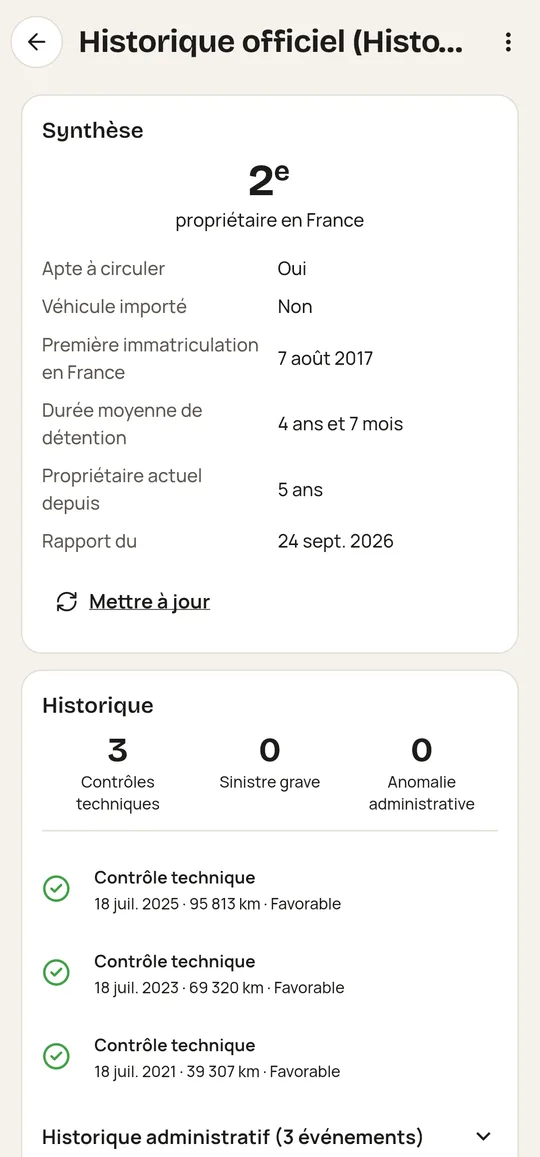 Rapport HistoVec dans Pistonbook : deuxième propriétaire en France, apte à circuler, trois contrôles techniques favorables, aucun sinistre grave ni anomalie administrative