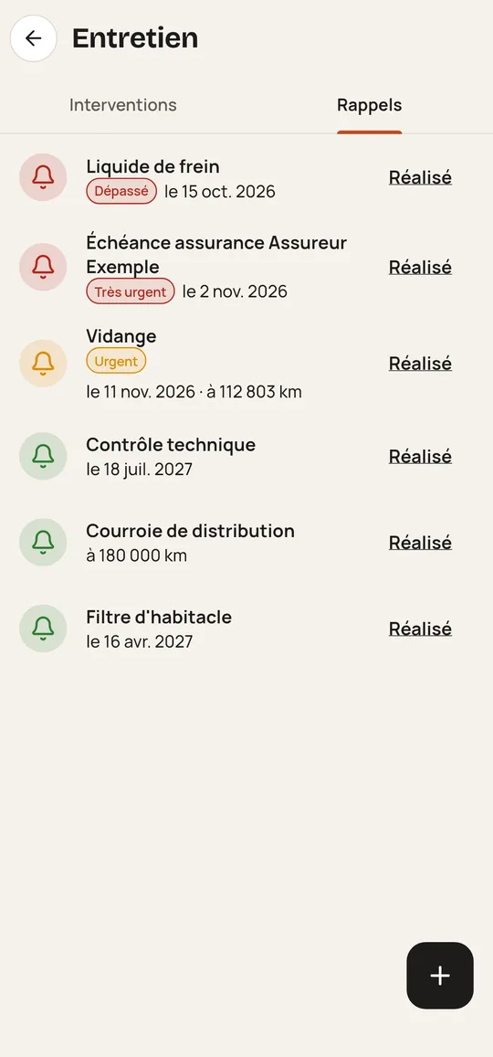 Rappels d'entretien d'une Peugeot 308 : liquide de frein dépassé, échéance d'assurance très urgente, vidange urgente, puis contrôle technique, courroie de distribution et filtre d'habitacle